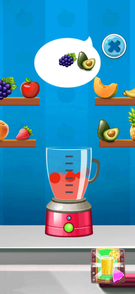 My Dream Hospital: My City - A gameplay screenshot showing a blender and fruit ingredients for a nutritionist drink mini-game.
