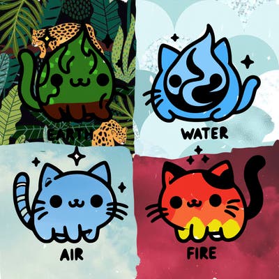 4 cats that represent the different elements, earth, water, air, and fire