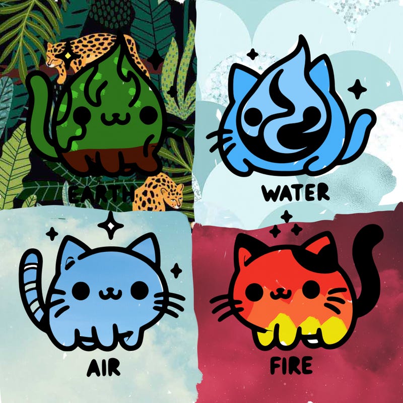 4 cats that represent the different elements, earth, water, air, and fire