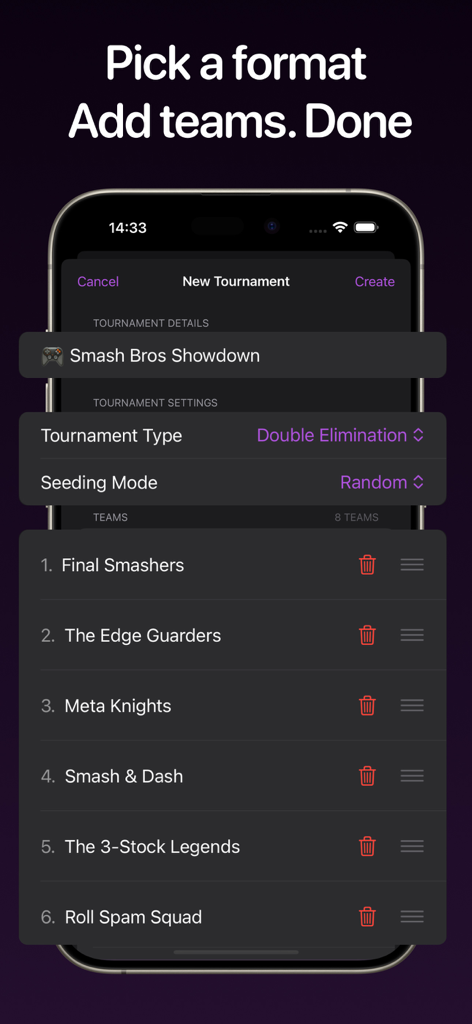 Mobile interface of Clashly app showing the setup screen for a Smash Bros Showdown tournament with team names and format selection