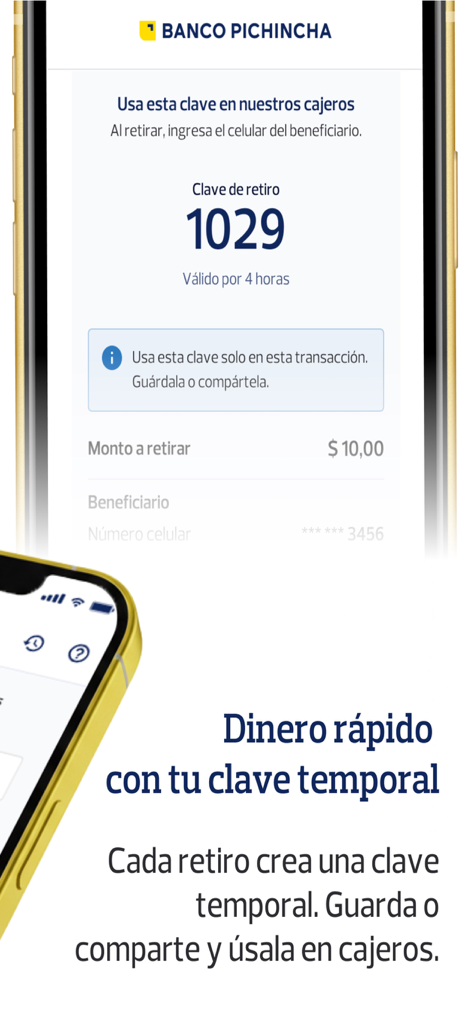 Benutzeroberfläche der mobilen App der Banco Pichincha, die einen temporären vierstelligen Code für die bargeldlose Bargeldabhebung zeigt