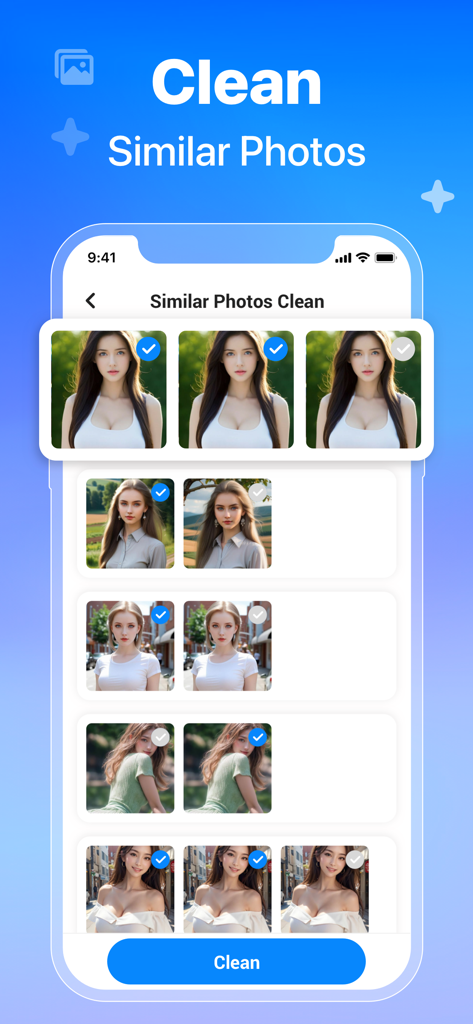 AI Cleaner : Clean Storage - Interfaccia dell'app AI Cleaner che mostra foto simili raggruppate per la pulizia dello spazio di archiviazione