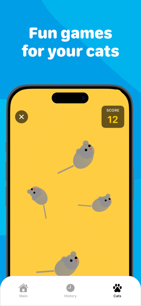 디지털 쥐와 점수 카운터를 특징으로 하는 고양이용 인터랙티브 게임을 표시하는 고양이 번역기 앱의 인터페이스