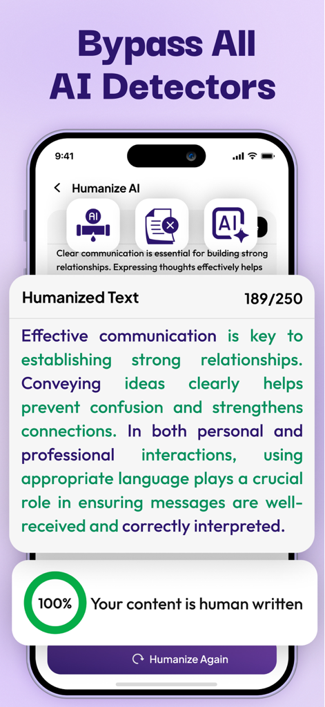 Interface of Humanize AI app showing a 100 percent human written score for processed text