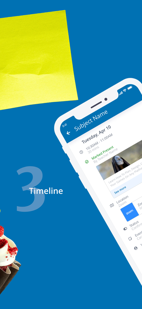 Classcard Student - 스마트폰이 Classcard 학생 앱 타임라인 화면을 수업 일정 및 출석 상태와 함께 표시합니다.
