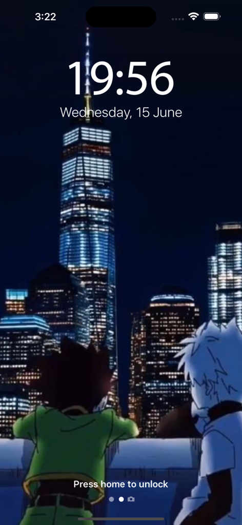 Anime Wallpaper Otaku HD - Anime wallpaper of characters overlooking a night city skyline on an iPhone lock screen.
