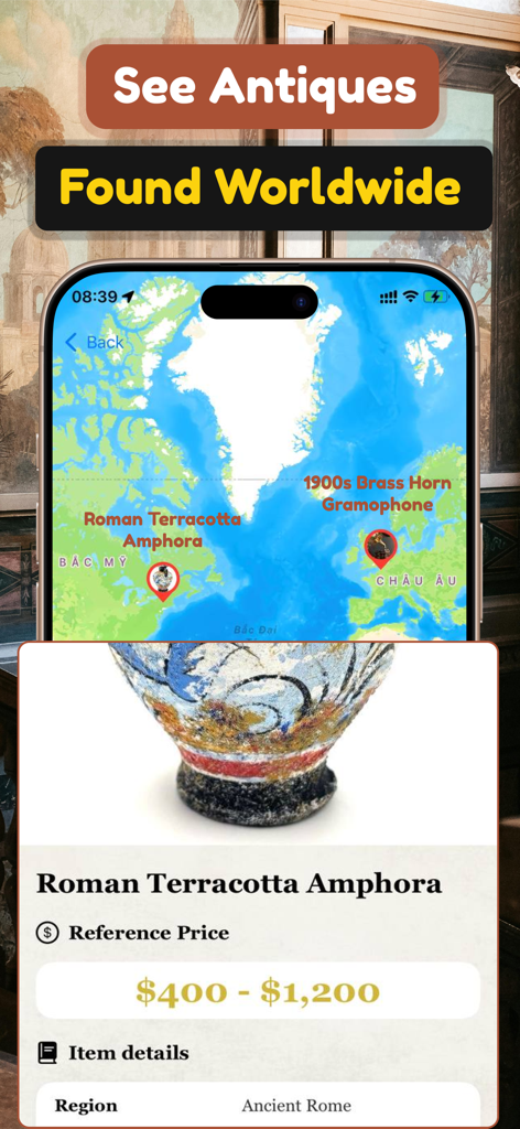 Antique Identifier Value by AI - Smartphone showing a global map of antique discoveries and a price appraisal for a Roman terracotta amphora.