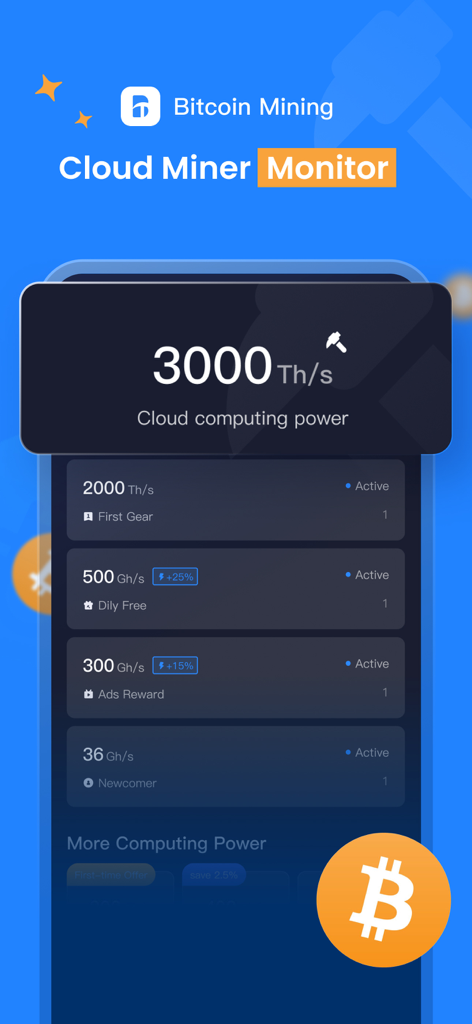 Dashboard di un'app mobile per il cloud mining di Bitcoin che mostra la potenza di calcolo attiva e le statistiche di hashrate in tempo reale