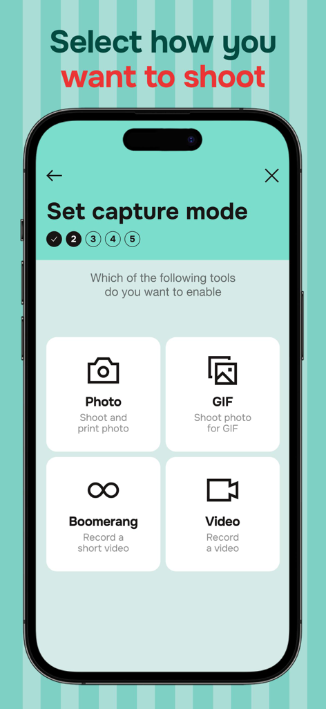 Pocketbooth Photo Booth - Una pantalla de smartphone que muestra las opciones de modo de captura para la aplicación Pocketbooth, incluidas foto, gif, boomerang y vídeo