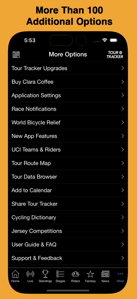 Tour Tracker Pro Cycling - A menu screen of the Tour Tracker Pro Cycling app showing additional options and settings like race notifications and tour route maps.