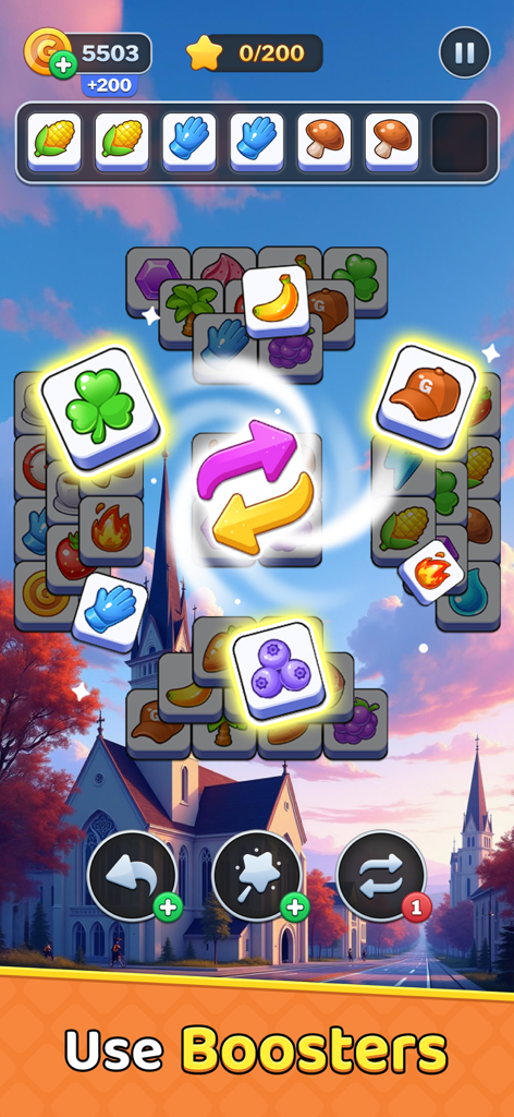 Tile Burst - Match Puzzle - Jugabilidad del rompecabezas de combinación Tile Burst mostrando el efecto potenciador de barajar sobre un tablero de iconos coloridos y un sereno fondo de atardecer