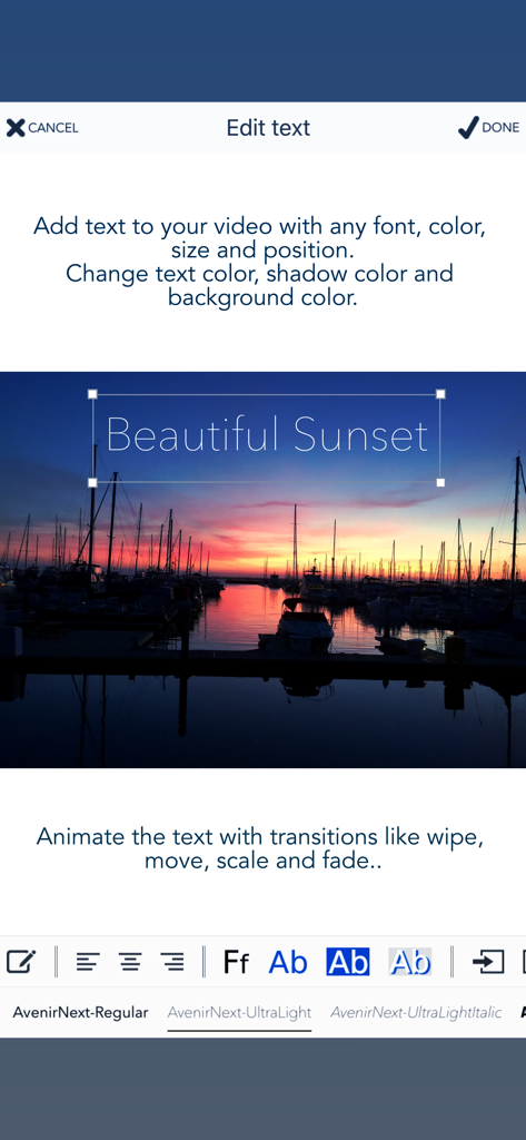 Interfaccia di editing del testo nell'app Videocraft con un'anteprima di un video al tramonto