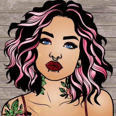 realistic woman with septum piercing and wavy hair and tattoos