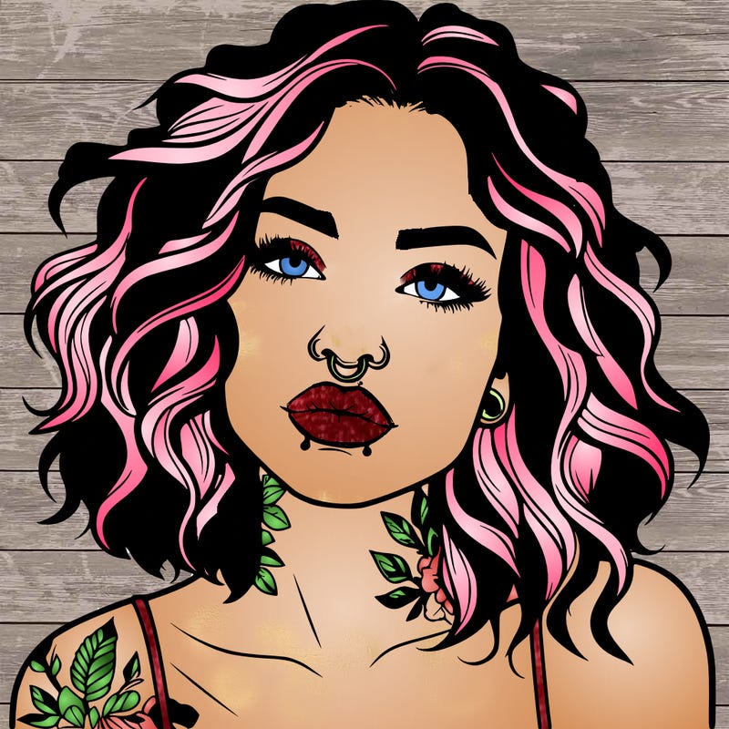 realistic woman with septum piercing and wavy hair and tattoos