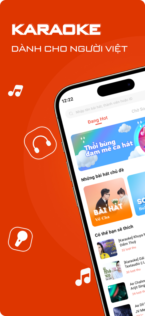 Yokara - Sing Karaoke Record - Yokara karaoke app interface on a smartphone showing trending songs and themed music categories in Vietnamese