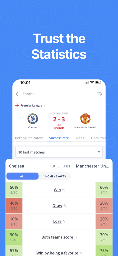 TIPSTOP: Sports Betting Tips - TIPSTOP app screen displaying success rate and historical match statistics for a football game.