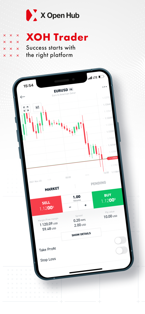 XOH Trader - XOH Trader mobile interface displaying a EURUSD candlestick chart and trading buttons