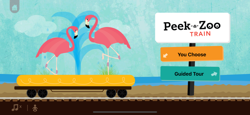 La pantalla del menú de Peek-a-Zoo Train presenta dos flamencos rosas en un vagón de tren y botones de selección de modo de juego.