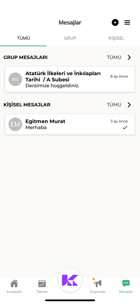 K365 - K365 app interface displaying group and personal messages for students