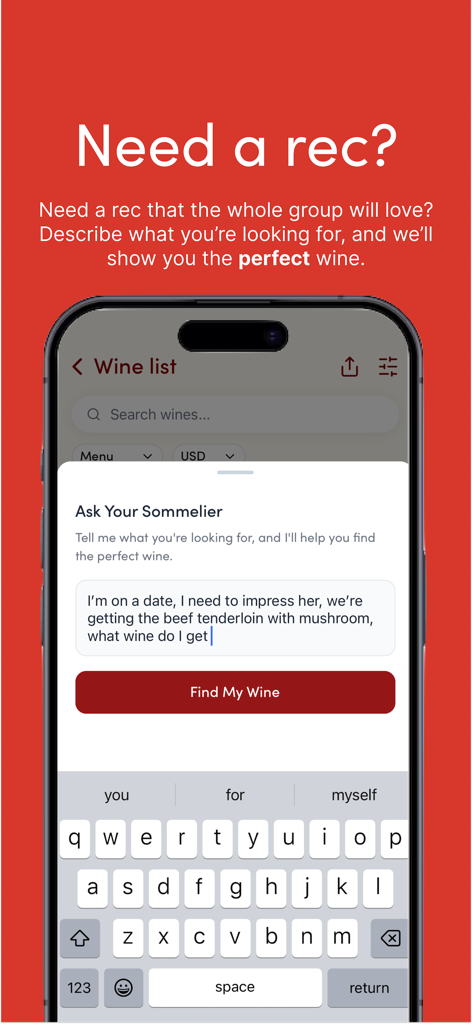 Smartphone screen of Wine Find app showing a natural language chat interface to get wine recommendations for a date and food pairing