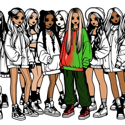 realistic group of girls and have long hair and short hair big clothes and braids