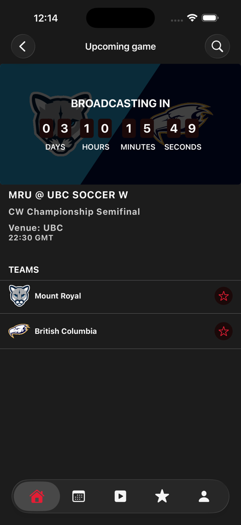 CanadaWest.TV - A screenshot of the CanadaWest.TV app showing a countdown timer for an upcoming soccer match.
