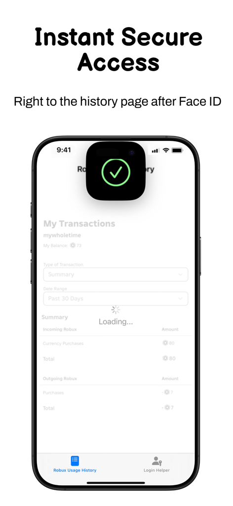 Child Spend Tracker for Roblox - Acceso seguro e instantáneo al historial de transacciones de Roblox usando autenticación Face ID