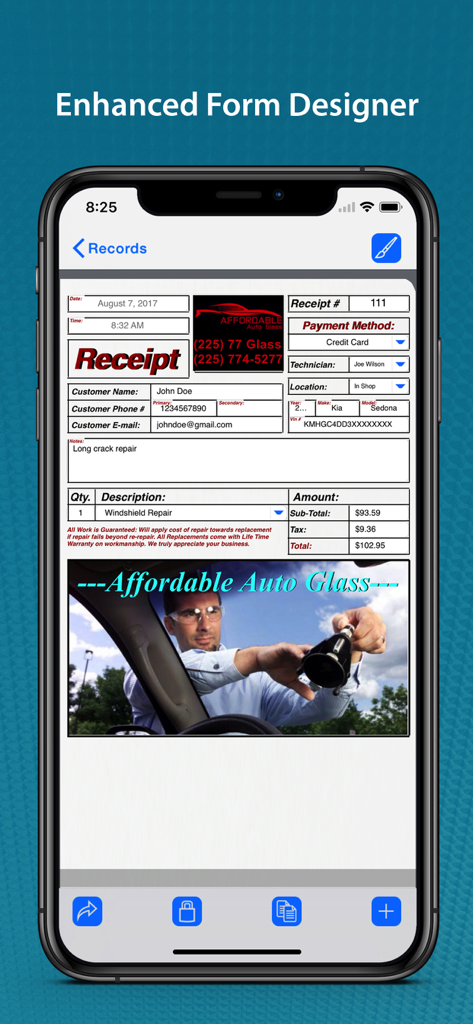 FormConnect Pro app displaying a customizable business receipt form for an auto glass repair service on an iPhone.