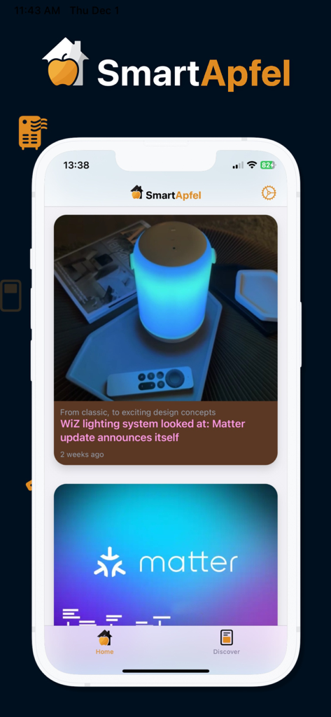 SmartApfel mobile app news feed showing smart home device updates and Matter compatibility news