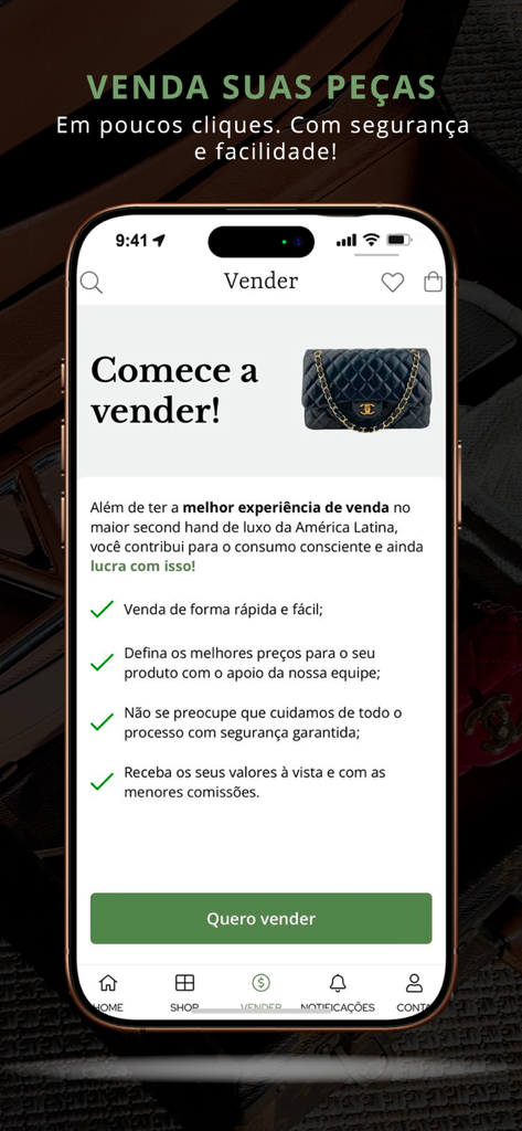 Etiqueta Única - Ecrã da aplicação móvel para venda de artigos de moda de luxo na Etiqueta Única mostrando uma mala acolchoada e benefícios de venda.