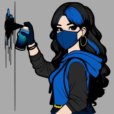 realistic girl with mask spray painting a wall