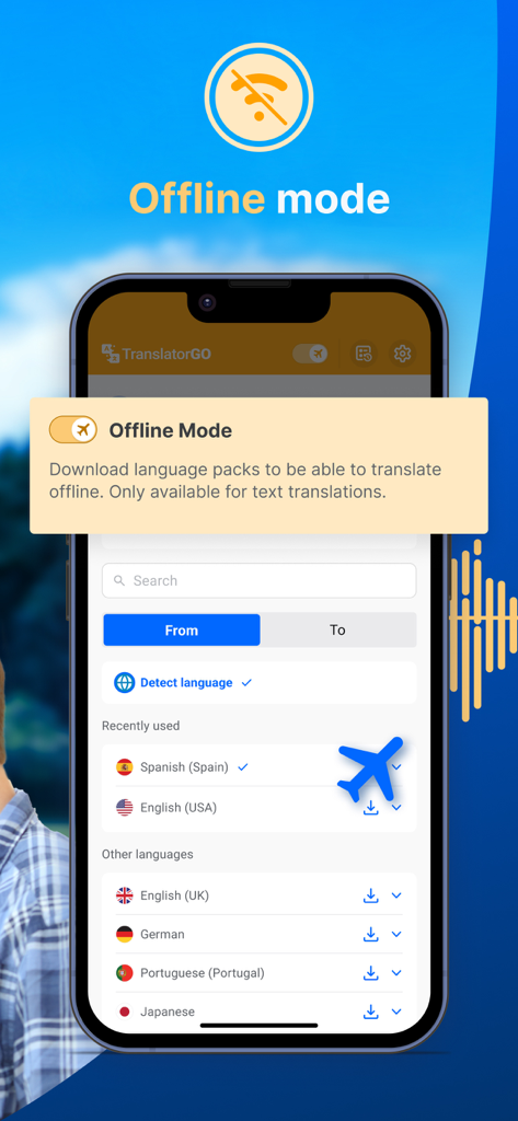 Translator GO app showing offline mode and language pack downloads for travelers