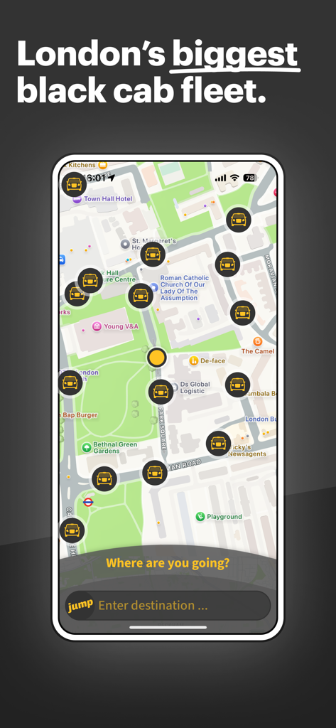 jump taxi - Jump taxi app displaying a map of available black cabs in London