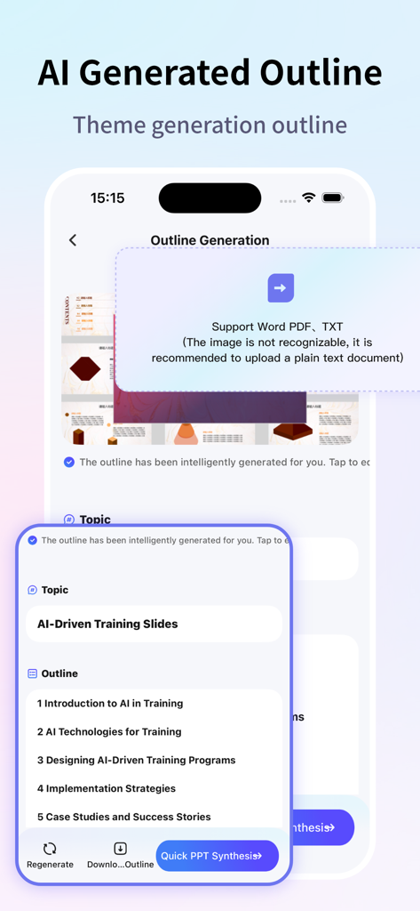 AI PPT - Mobile app interface of AI PPT showing an automatically generated presentation outline for training slides.