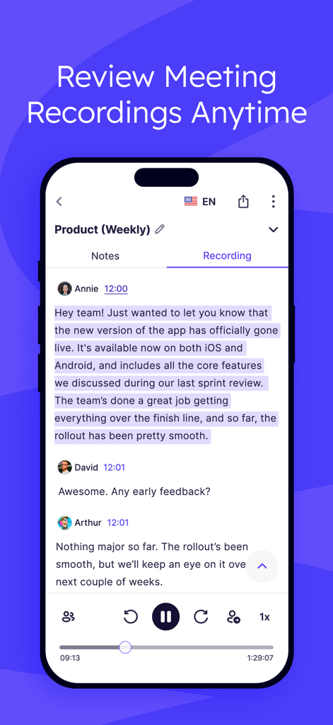 Krisp AI Meeting Note Taker - Mobile interface for reviewing meeting recordings and transcripts with audio playback controls.