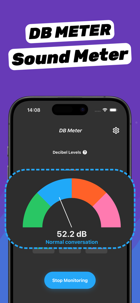 Speaker Fix – Clear Wave - Interfaz del medidor de decibelios de la aplicación Speaker Fix mostrando niveles de sonido en tiempo real