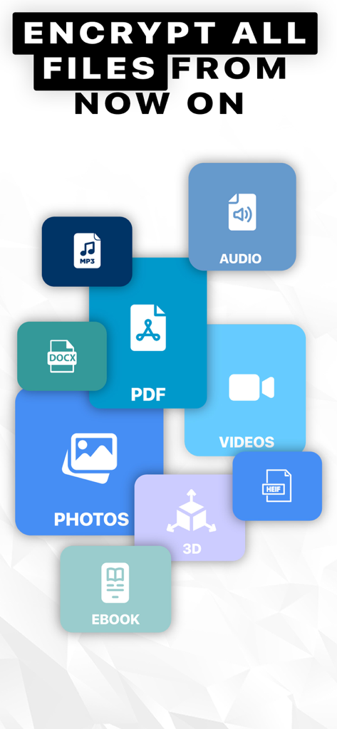 LockMyPix Secret Photo Vault - Graphic showing LockMyPix can encrypt photos videos audio pdfs and other file types