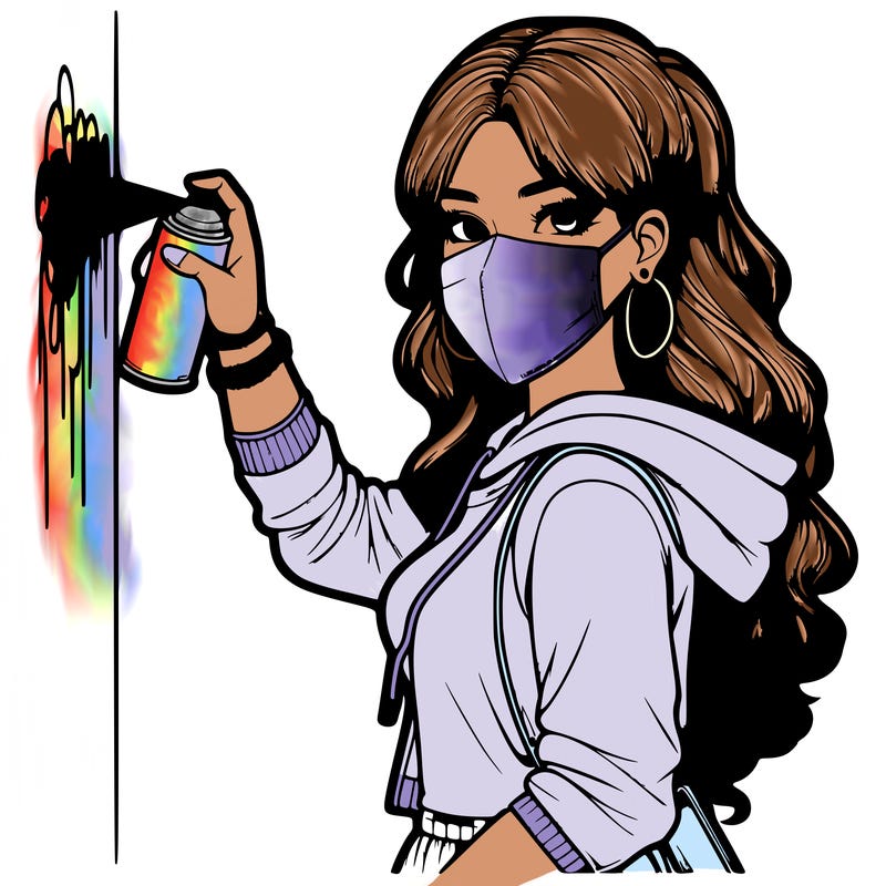 realistic girl with mask spray painting a wall