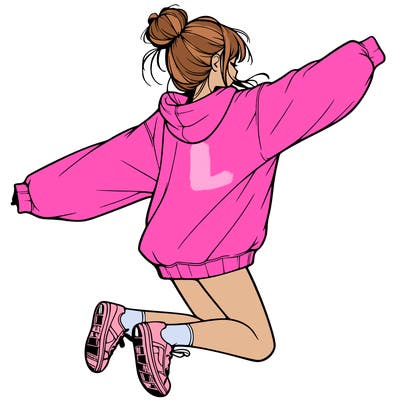 realistic girl jumping with a bun and oversized sweatshirt