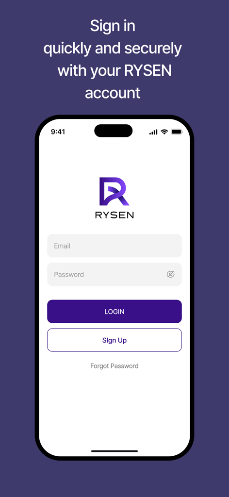 Rysen Wallet - Login screen of the Rysen Wallet mobile app showing email and password fields
