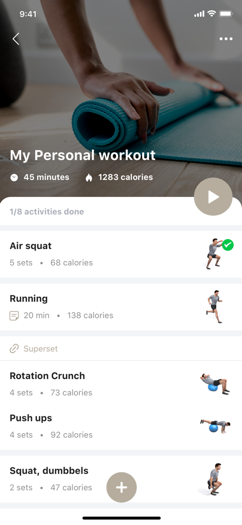 Studio Pura Vida - Studio Pura Vida app displaying a personalized workout screen with 3D exercise animations and calorie tracking
