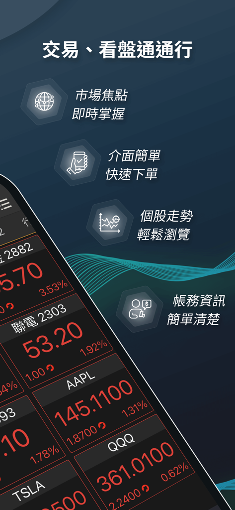 國泰證券 樹精靈 - Mobile interface of the Cathay Securities Tree Wizard app showing real-time stock quotes for AAPL and QQQ with feature highlights in Traditional Chinese.