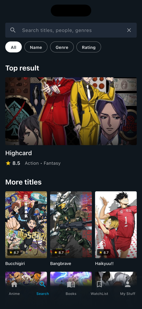 Search screen of the AniHub Max app displaying anime titles like Highcard and search filters.