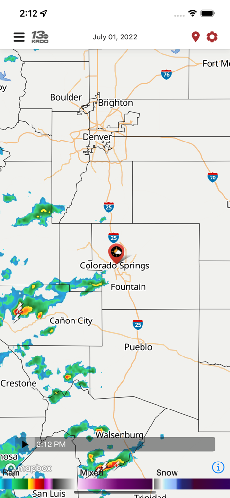 Live weather radar map in the KRDO StormTracker 13 app showing storm activity over Colorado Springs and Southern Colorado.