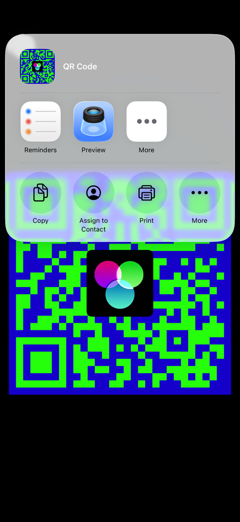Quicker QR Code Generator - カスタムグリーンとブルーのQRコードとロゴのオプションが表示されたiOS共有シート。