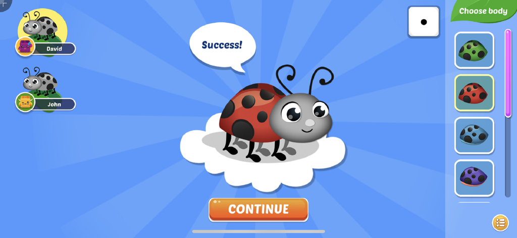 GoDice™ - A success message in a ladybug game within the GoDice app featuring character customization