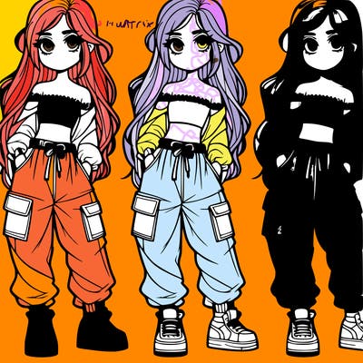 girl with long hair baggy jeans and a crop top