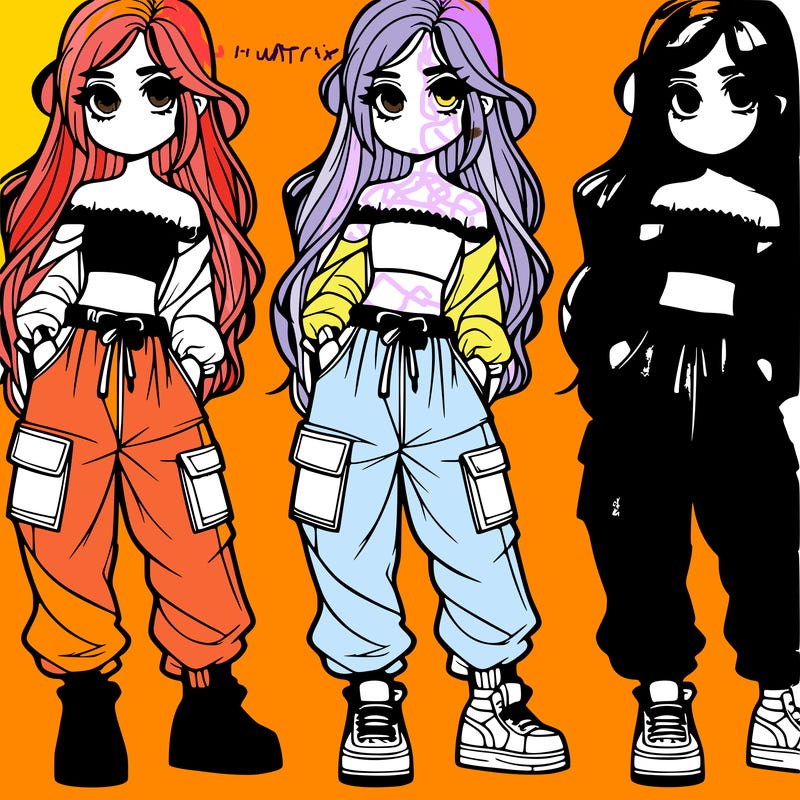 girl with long hair baggy jeans and a crop top