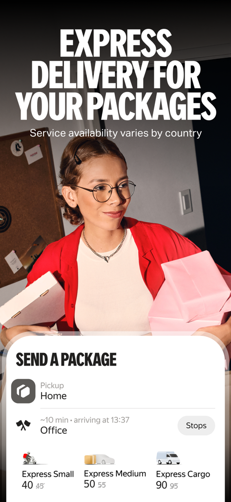 Yango app interface showing express delivery options for packages including small medium and cargo classes