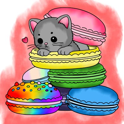 a kitten popping out of a stack of pastel macarons